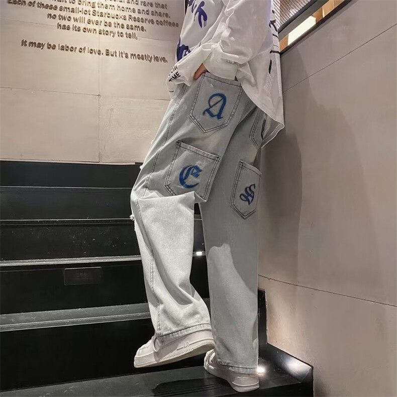 春秋季美式复古百搭休闲长裤男韩版宽松直筒阔腿牛仔裤K6144-P50,男装牛仔裤,星座512-2