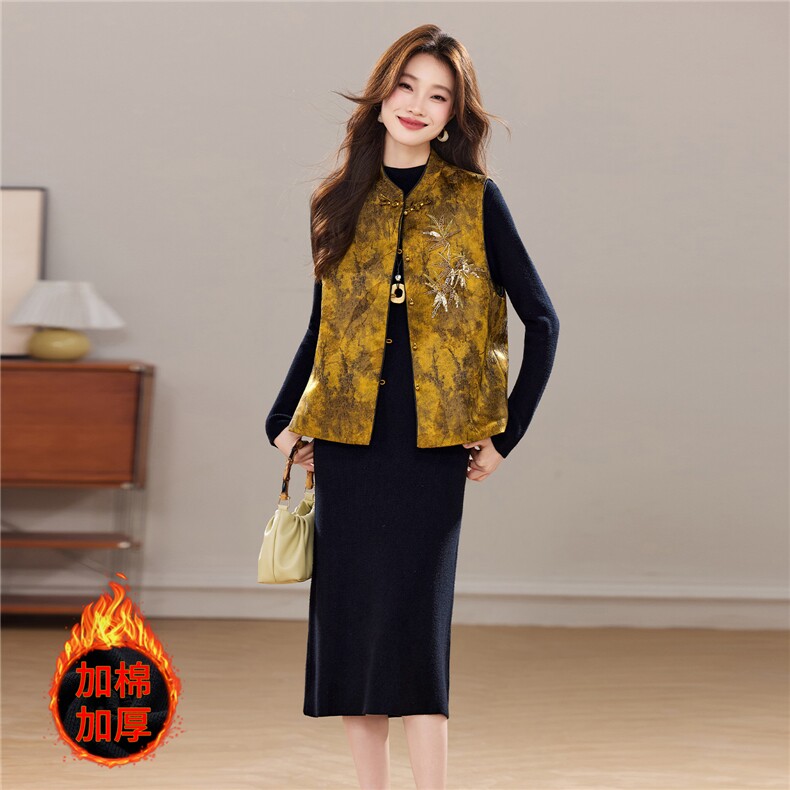 冬季新款加棉新中式立体刺绣花卉气质优雅立领盘扣马甲两件套裙女，女装套装/套裙，宝儿家