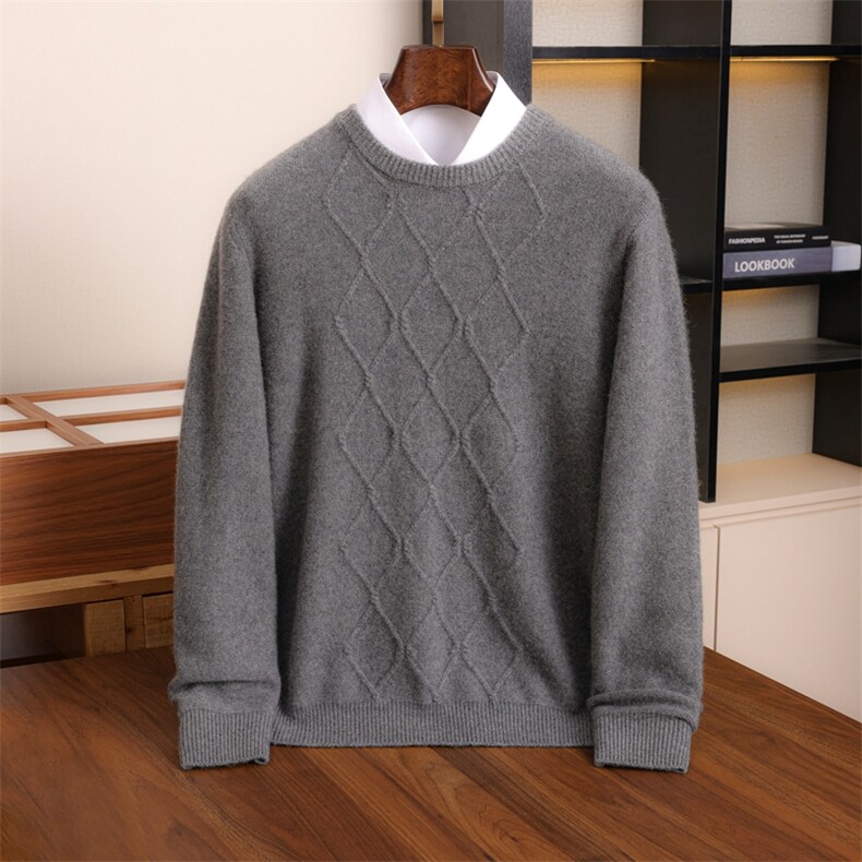 秋冬季新款舒适时尚百搭七针加厚阿兰花圆领男士羊绒衫，男装羊绒套衫，伊绒腾羊绒