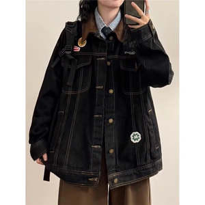 2605-P70 美式复古高街牛仔外套女春秋季机车潮牌翻领宽松刺绣图片