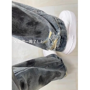 DK948-P55泼墨脏脏阔腿牛仔裤男美式高街宽松直筒裤子-网图现货图片