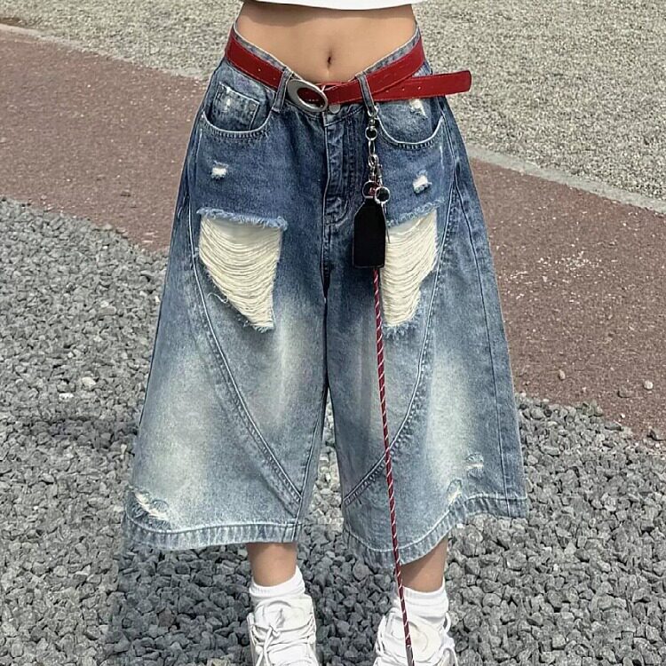 夏季男女美式复古破洞牛仔七分短裤小众设计感中裤网图,男装牛仔裤,星座410-7