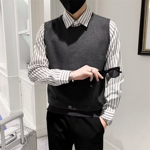 社会小伙假两件毛衣男衬衫领春秋季条纹针织衫韩版修身外套男M226图片