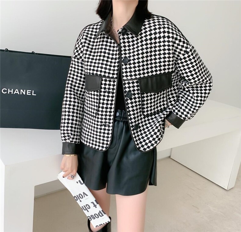 皮拼格子外套，其它，一家人