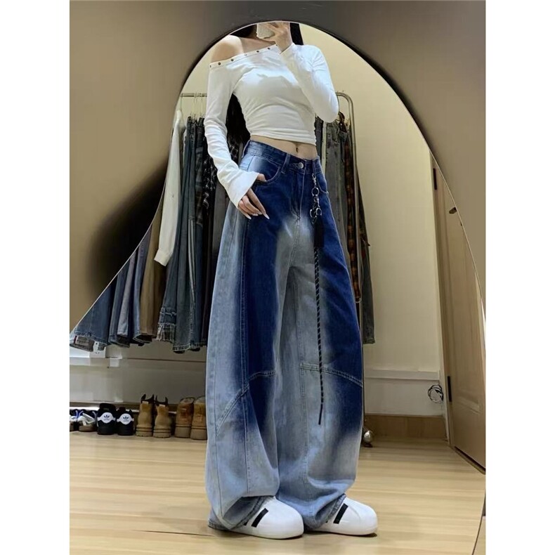 春装复古阔腿弯刀牛仔裤男女新款高腰情侣拖地裤1008-LB2422-p51图片