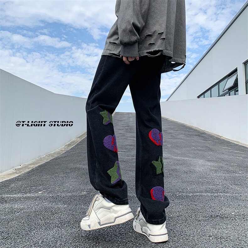 B221美式ins高街暗黑小众情侣毛巾绣直筒牛仔裤LK23021-P65控88,男装牛仔裤,电商B221