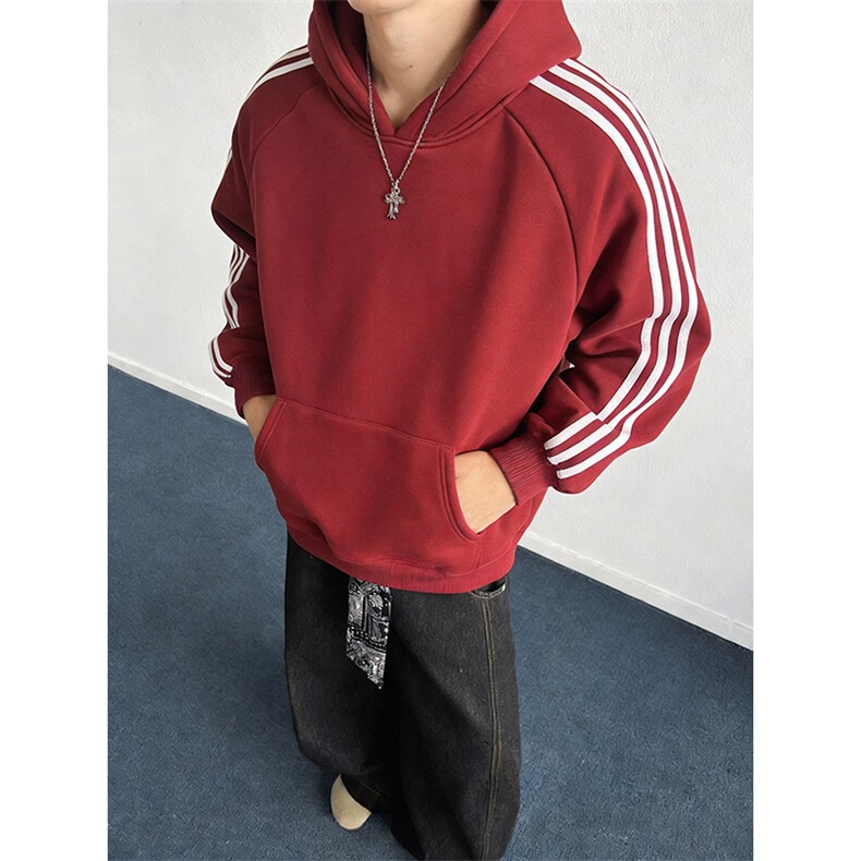 抖音得物高品质26春装美式高街全棉宽松三条杠织带连帽卫衣CM06,男装卫衣,电商A486