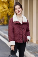 羊羔毛领拼接羽绒棉服女短款2025冬季新款小香风菱格夹棉保暖外套，女装棉衣/棉服，天丽