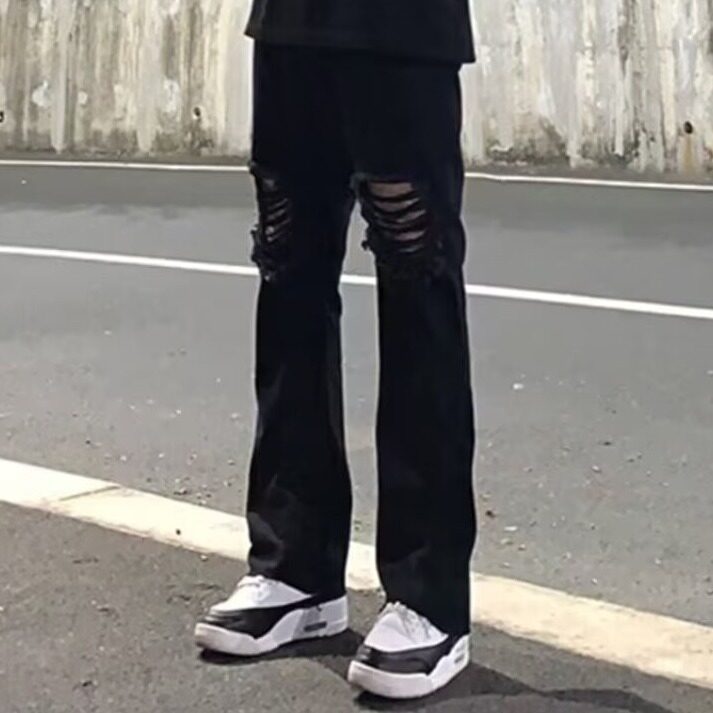 D7203-P45美式水洗裤高街破洞牛仔裤男夏季直筒宽松高级感乞丐裤,男装牛仔裤,星座603-2