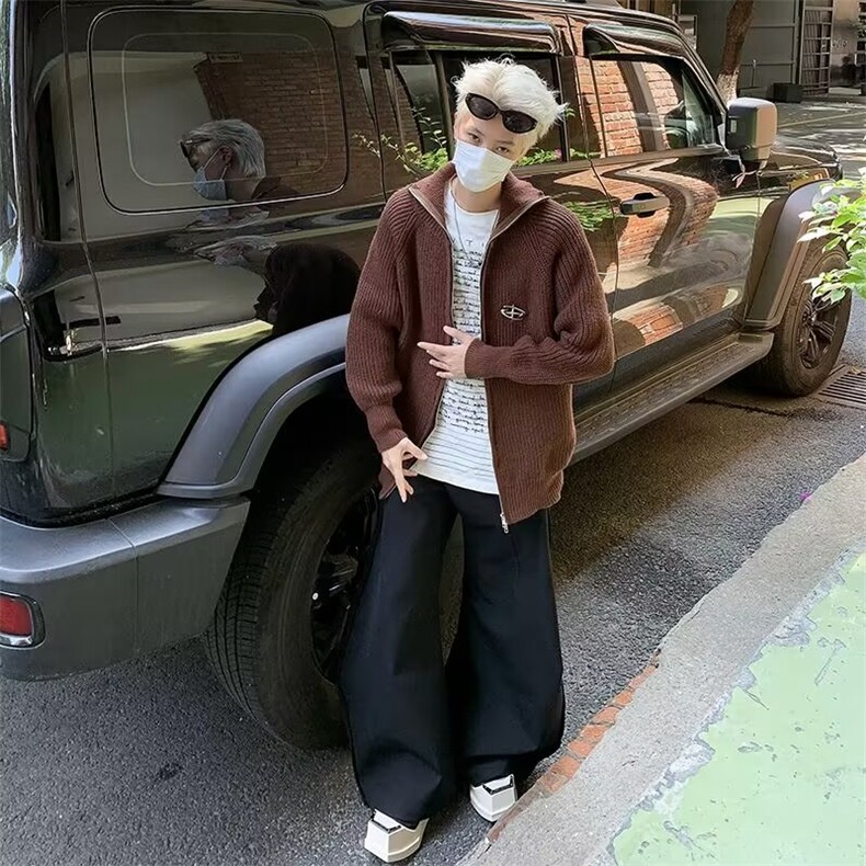 秋冬潮流极简高极感重磅粗棒针坑条纹理双向拉链翻领毛衣开衫外套,男装针织衫/毛衣,星座410-6（原星座1304-1）