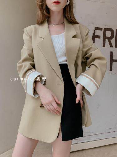 2021隽末秋款袖口拼接撞色西装外套。杏色蓝色Ｓ—，女装西装，Jarmore隽末