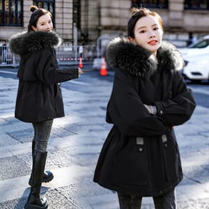 棉衣/棉服2021新款冬兔毛中长款抽绳收腰工装带帽派克服女外套图片