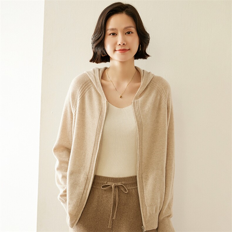 连帽开衫韩版宽松山羊绒衫女秋季新款针织帽衫欧货拉链毛衣外套,女装羊绒衫,纳丰羊绒