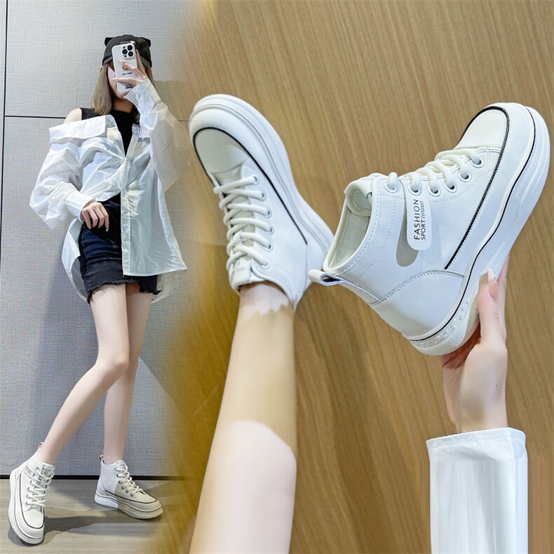 高帮小白鞋女2023秋季新款平底休闲运动板鞋韩版舒适透气百搭女鞋,女鞋马丁靴,电商A223