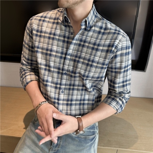 DP免烫工艺~棉磨毛格子衬衫高档加厚保暖长袖衬衣男C3056-P73,粉色搭配黑白格子图片