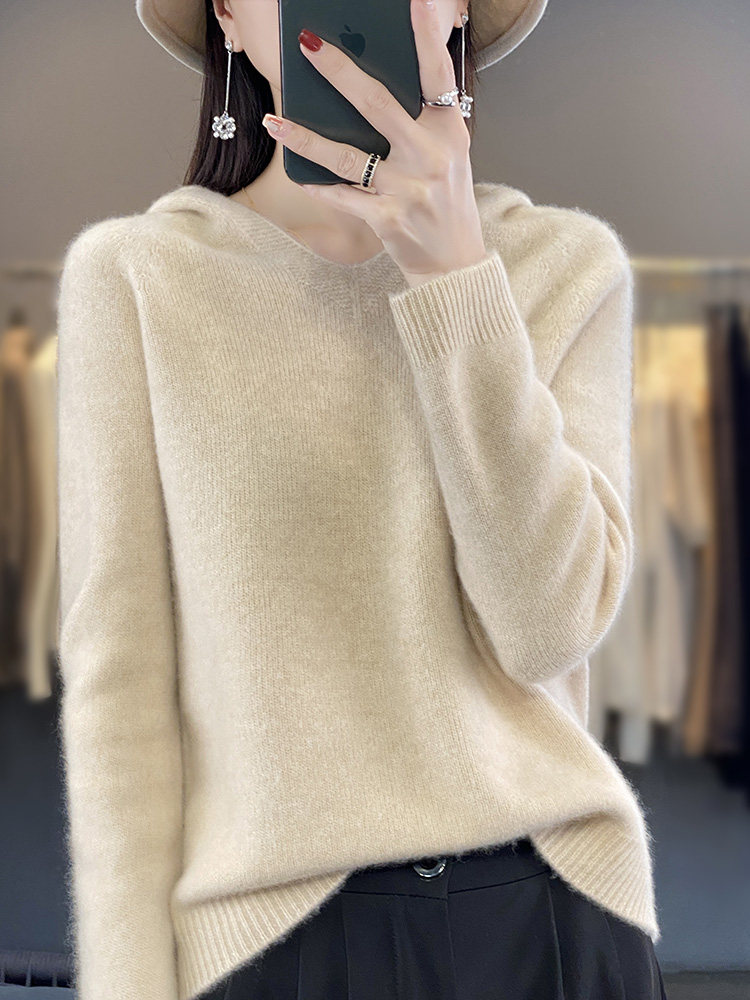 v领新款针织女长袖纯色简约百搭宽松套头连帽,针织衫/毛衣,戎洋