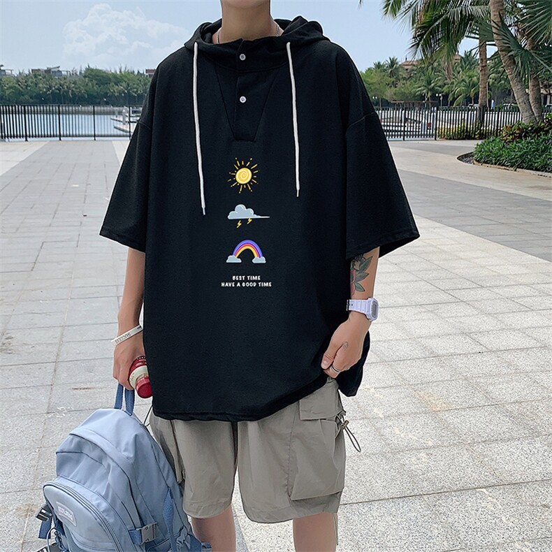 LD54141-P45 连帽短袖t恤男大码胖子带帽五分袖中袖图片