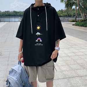 LD54141-P45 连帽短袖t恤男大码胖子带帽五分袖中袖图片