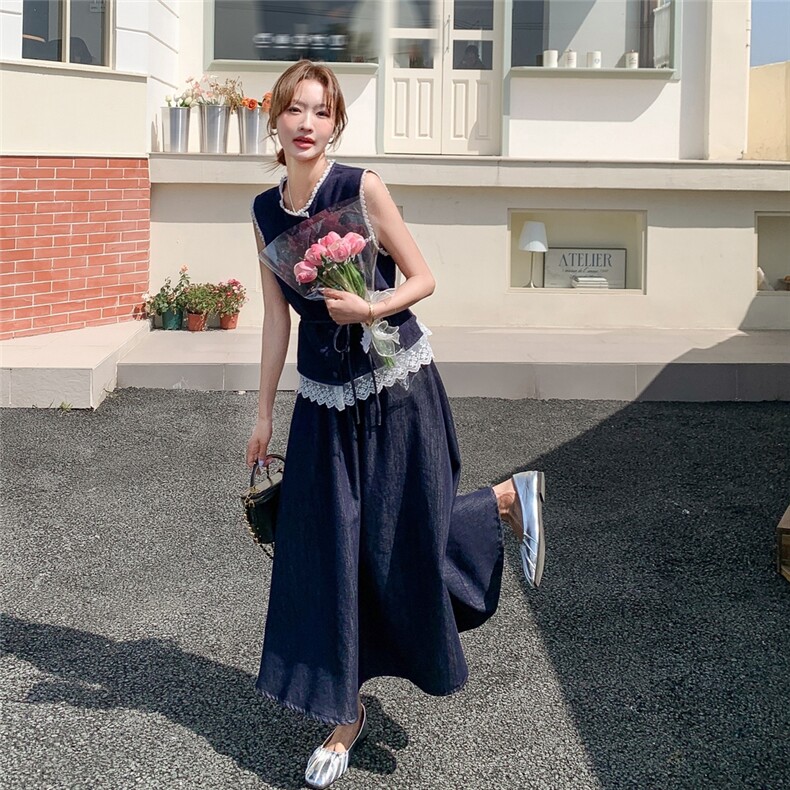 休闲牛仔收腰马甲半身裙套装女夏2025新款两件套独特超好看度假风,女装套装/套裙,2C239