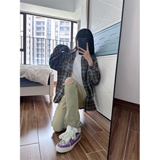 【有货】蓝棕色格子衬衫男设计感高级衬衣美式复古外套C40LL-P43，男装衬衫，星座1007（原301D）