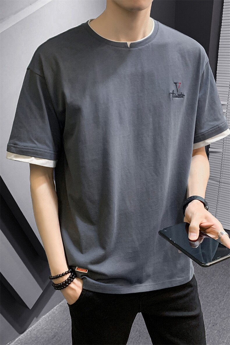 20夏季新款男士潮流时尚刺绣圆领纯棉假两件短袖T恤DS731T,男装T恤,电商A102