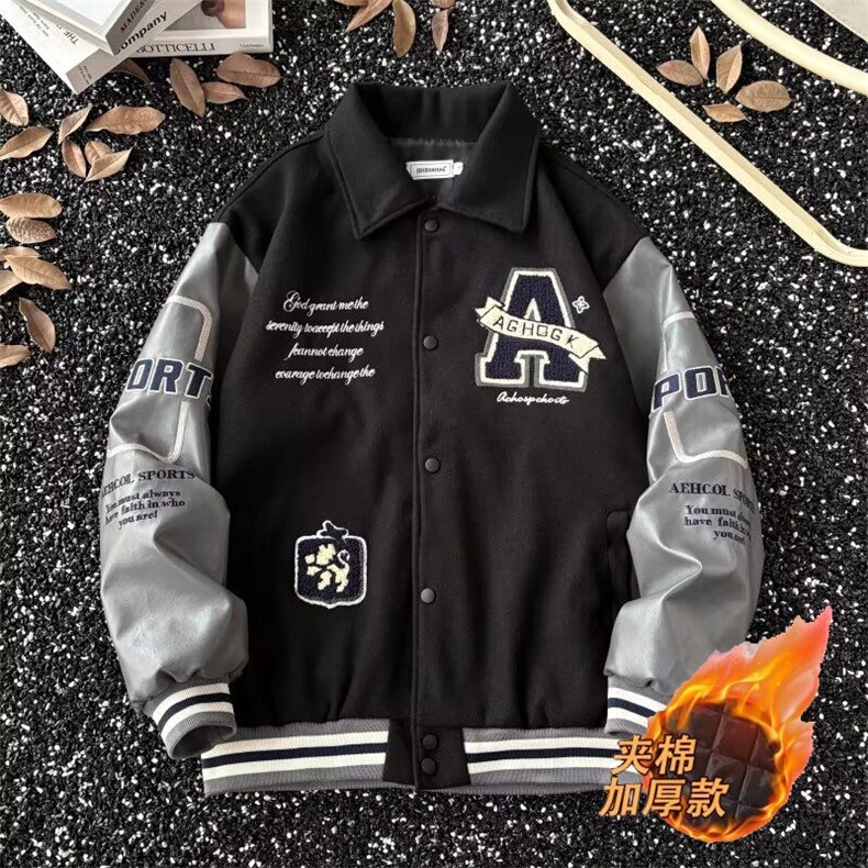 美式拼接翻领夹克棒球服男加厚加绒新嘻哈痞帅情侣外套HH799 P76图片