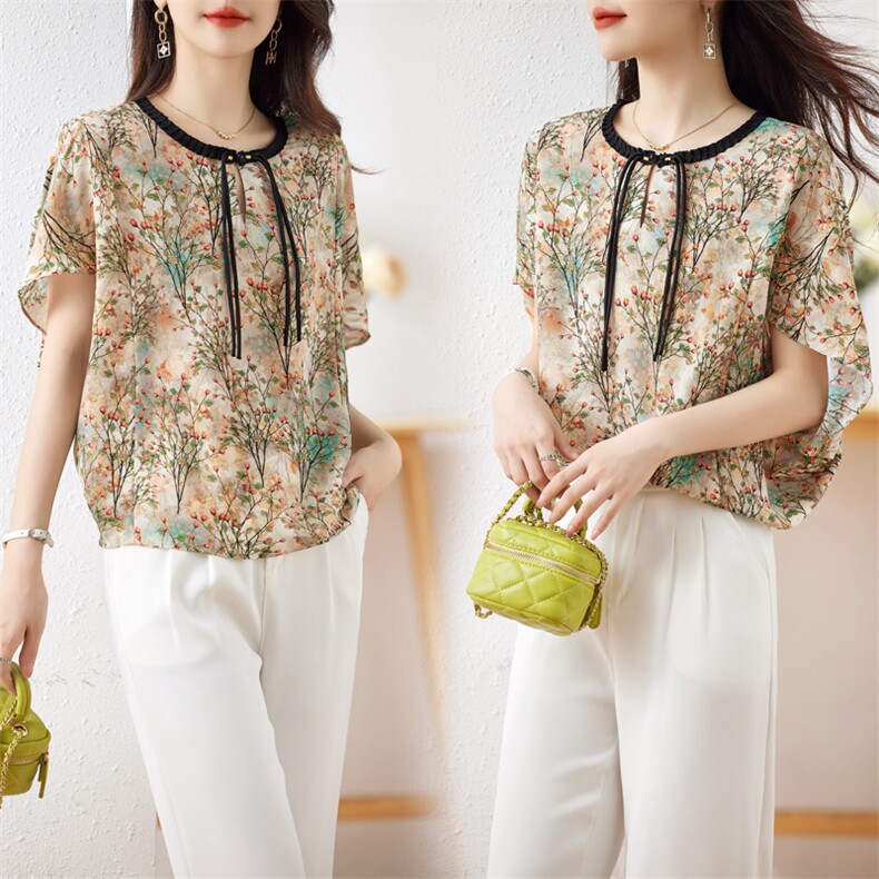 2024夏季新品洋气透气雪纺印花小衫，女装蕾丝衫/雪纺衫，余墨