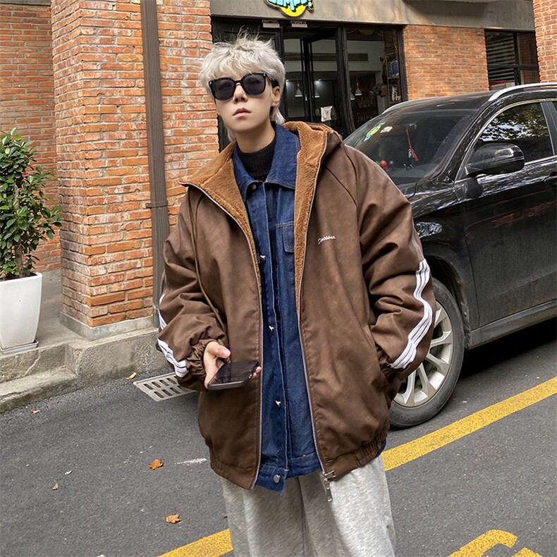 数据美式连帽百搭美拉德三条杠皮衣羊羔绒内胆MF1012P100，男装皮衣，电商A128