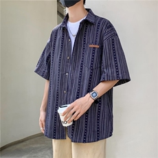 夏季新款日系复古设计感小众短袖条纹衬衫男休闲宽松衬衣，男装衬衫，星座716-2