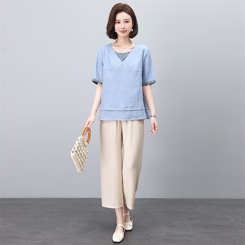 时尚百搭亚麻套装女夏季新款宽松显瘦短袖上衣阔腿裤两件套,女装套装/套裙,凝聚力