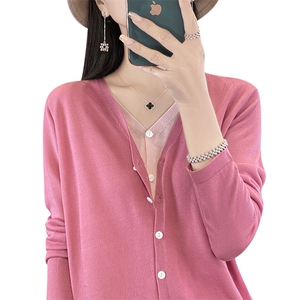 2025春夏新款开衫女V领假两件拼色针织薄款外搭宽松防晒百搭外套图片