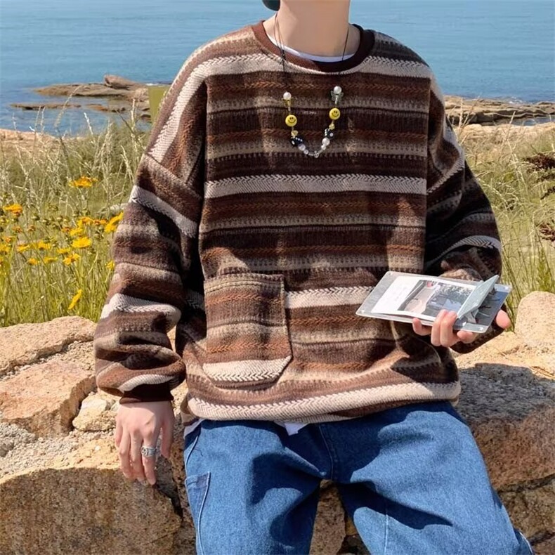 日系开衫毛衣夹克男生春秋季复古拼色条纹针织衫休闲宽松外套M44,男装针织衫/毛衣,星座506