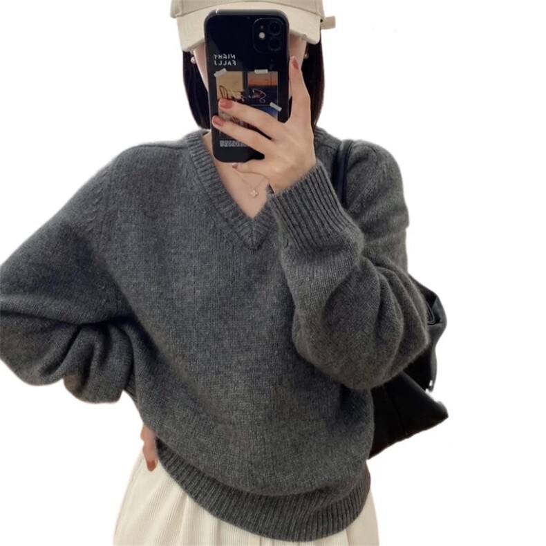 秋冬新款羊毛衫女V领宽松毛衣套头慵懒针织衫打底潮,女装羊毛衫,思途羊绒