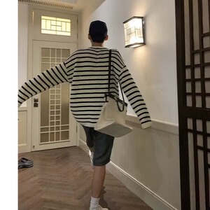 594-P33 秋季复古镂空撞色条纹针织衫男设计感韩版慵懒风网红图片