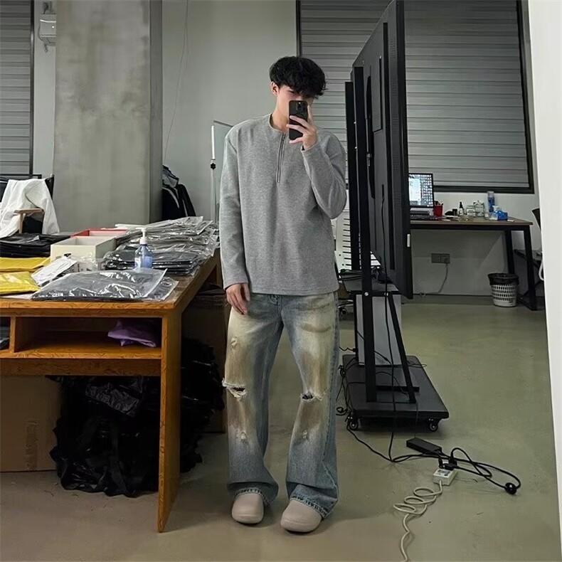 半拉链华夫格纯色长袖男氛围感上衣ins春秋慵懒风休闲卫衣情侣款,男装卫衣,星座506A