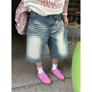 做旧七分牛仔短裤夏季新款美式街头宽松阔腿显瘦百搭直筒中裤子图片