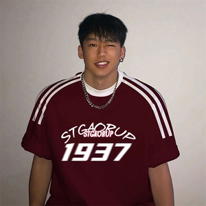 夏季美式高街重磅纯棉三条杠织带撞色男女短袖T恤ZD310-特P30图片