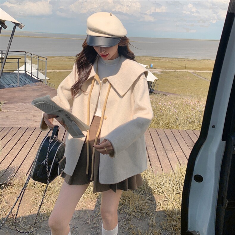 学院风披肩大翻领双面呢羊毛外套女秋冬2025新款小个子独特巨好看，女装羊绒大衣，2C056