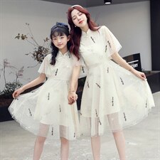 2023夏季新款旗袍改良版刺绣网纱亲子连衣裙，女装连衣裙，安之芮娜