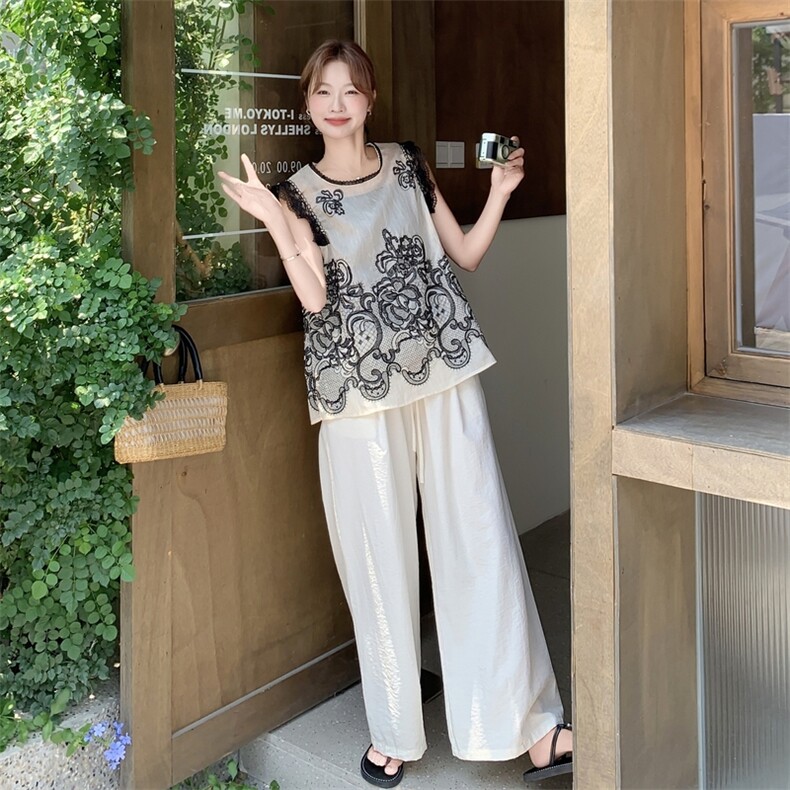 2025夏季法式高级感蕾丝刺绣背心套装女宽松休闲阔腿裤淡人两件套,女装套装/套裙,2C159