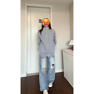 重磅秋冬北极绒双拉链毛衣开衫美式复古休闲慵懒风宽松针织衫外套图片