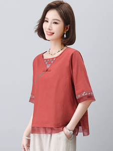 长期有货时尚休闲女2026新款韩版夏季短袖宽松棉麻苎麻复古风洋气图片