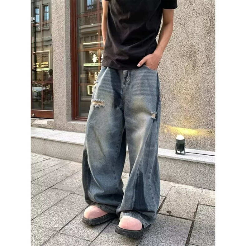复古做旧宽松破洞牛仔裤男女春季新款高街阔腿拖地直筒裤NZB43,男装牛仔裤,星座516A
