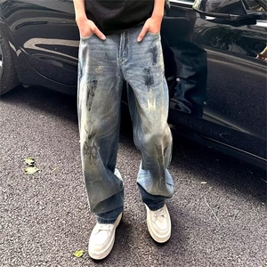 复古蓝美式高街复古牛仔裤男春秋季新款设计感vibe工装直筒裤图片