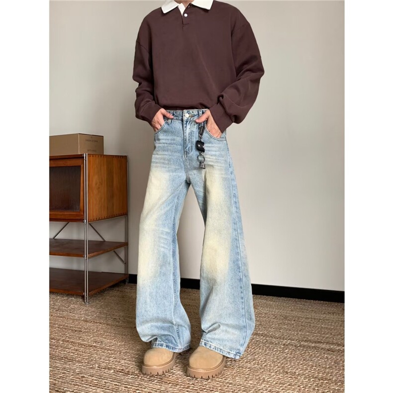2025美式复古蜂窝做旧猫须冰蓝简约宽松直筒牛仔裤男RK3020-P47，男装牛仔裤，星座412-2