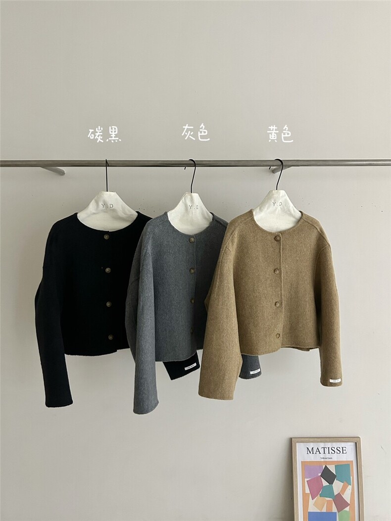 原价218.99!【依嘟】短款韩版冬小个子小香风宽松圆领羊,女装双面呢大衣,依嘟服饰