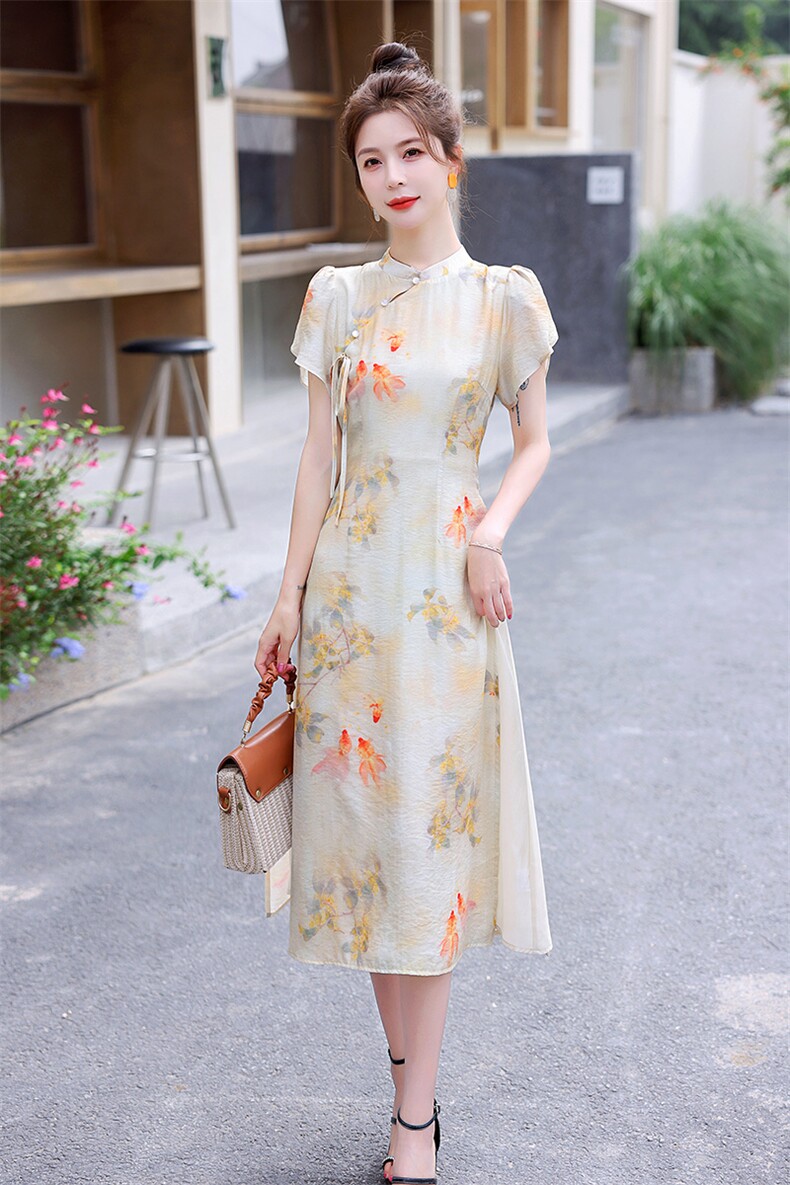 粉色印花旗袍连衣裙女夏季2023新款素雅复古气质新中式国风长裙子,女装连衣裙,蓝诺裳