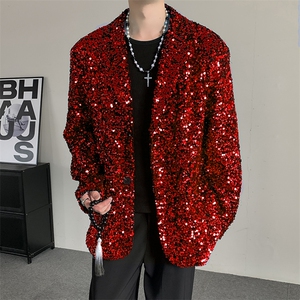 春秋闪闪亮珠片红色亮面晚会年会舞台装男演出服西装夜店歌手外套图片