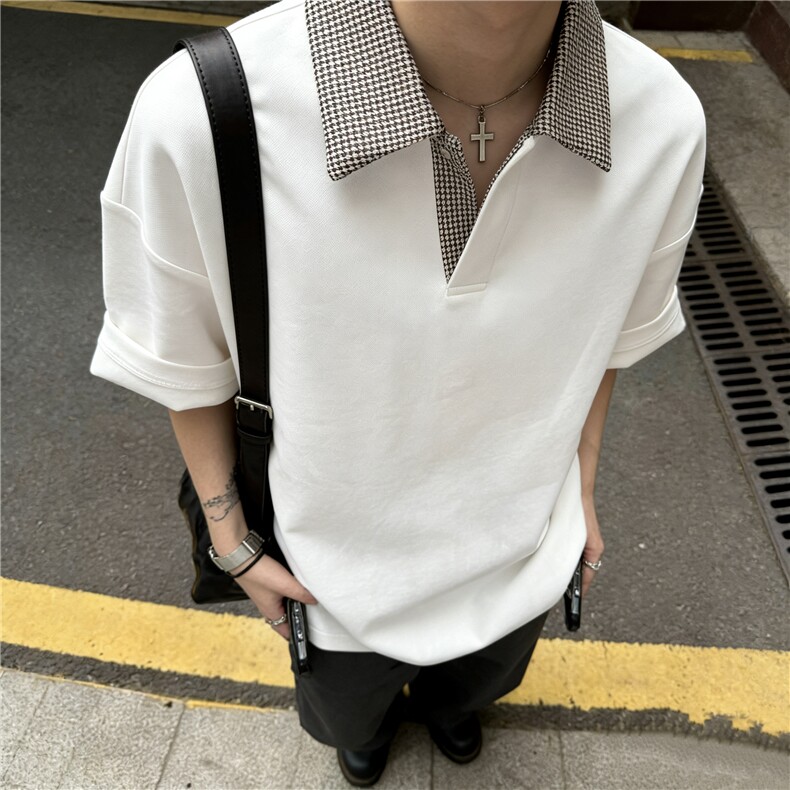千鸟格拼接短袖polo衫男女夏季美式高街翻领t恤cleanfit正肩半袖，男装T恤，星座601-1