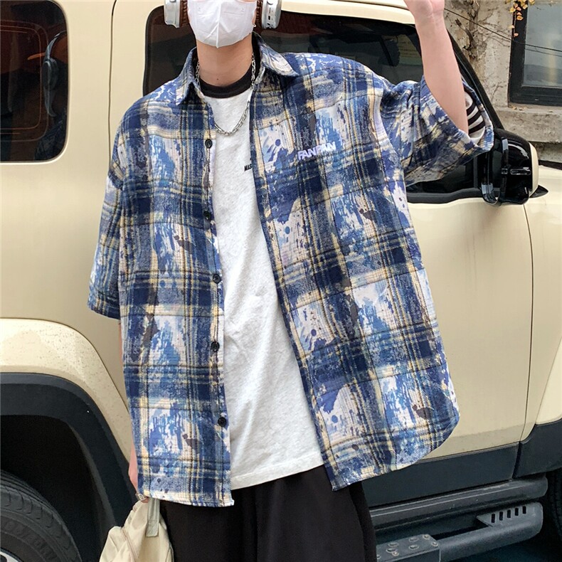 2026夏美式扎染刺绣格子短袖衬衫衬衣五分袖CS1805/特P35蓝色6,男装衬衫,电商A094